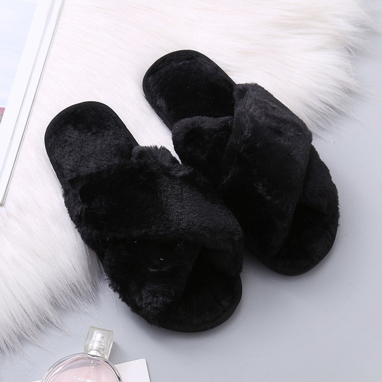 2020 autumn and winter plush slippers women's warm flat bottom home cross foreign trade large size 43 one-word drags women