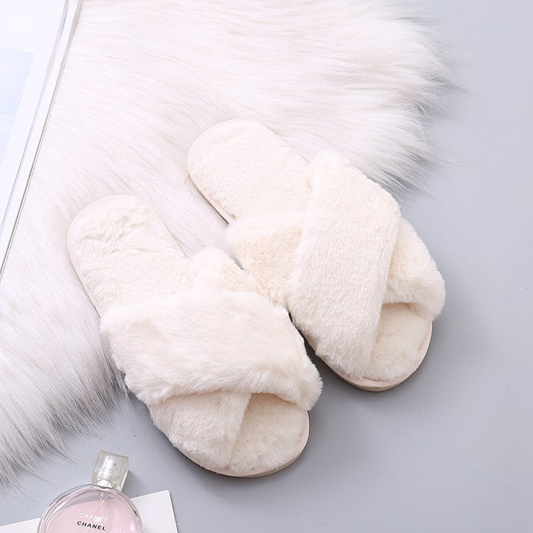 2020 autumn and winter plush slippers women's warm flat bottom home cross foreign trade large size 43 one-word drags women