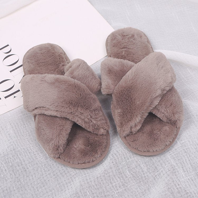 2020 autumn and winter plush slippers women's warm flat bottom home cross foreign trade large size 43 one-word drags women