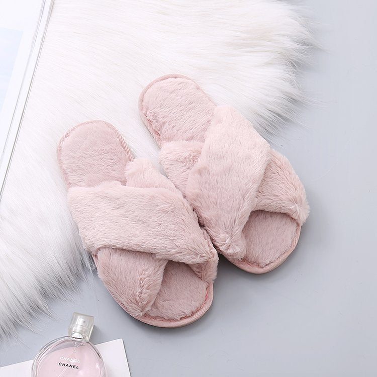 2020 autumn and winter plush slippers women's warm flat bottom home cross foreign trade large size 43 one-word drags women