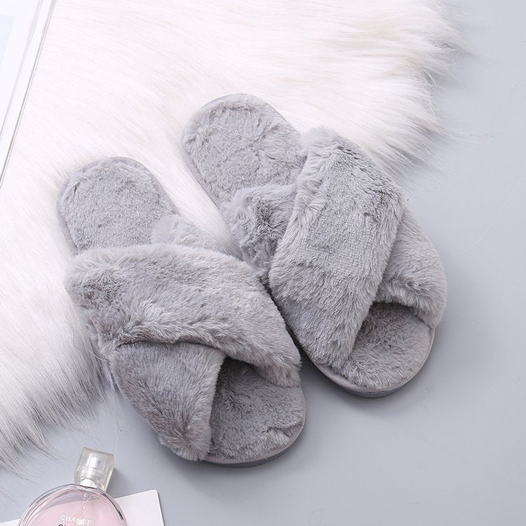 2020 autumn and winter plush slippers women's warm flat bottom home cross foreign trade large size 43 one-word drags women