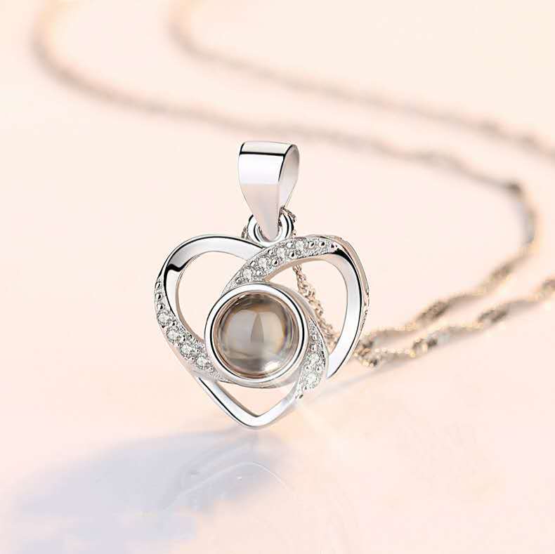 100 languages S925 sterling silver oblique peach heart memory love necklace I love you Douyin projection gift does not fade