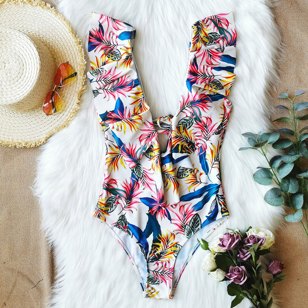 2024 European and American AliExpress one-piece swimsuit V-neck printed backless ruffled swimsuit cross-border foreign trade swimsuit