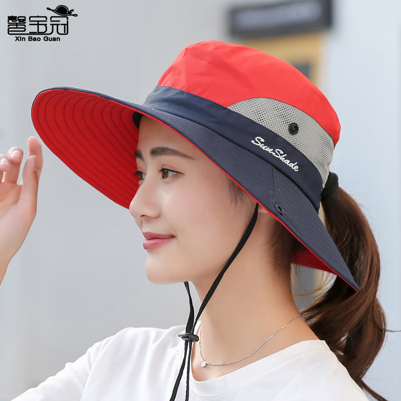 9002 Summer Ladies Outdoor Sunshade Hat Horsetail Hole Fisherman Hat Sunscreen Sun Hat Breathable Mountaineering Hat Parent-child Model