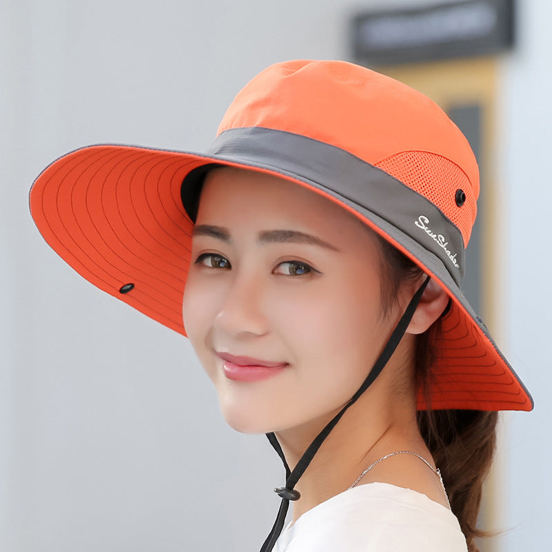 9002 Summer Ladies Outdoor Sunshade Hat Horsetail Hole Fisherman Hat Sunscreen Sun Hat Breathable Mountaineering Hat Parent-child Model