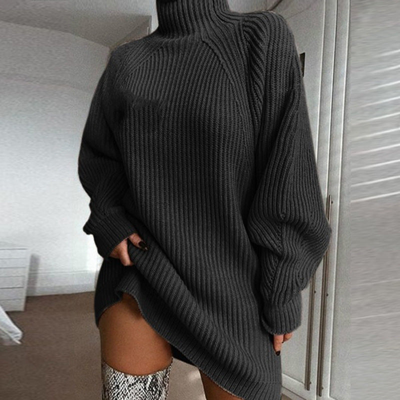 2022 autumn and winter new products wish explosive style knitted sweater mid-length raglan sleeve half turtleneck sweater dress