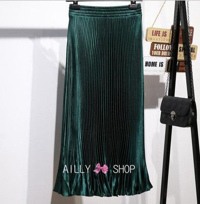 2021 New European and American foreign trade women's satin metallic luster pleated skirt long accordion skirt long skirt skirt