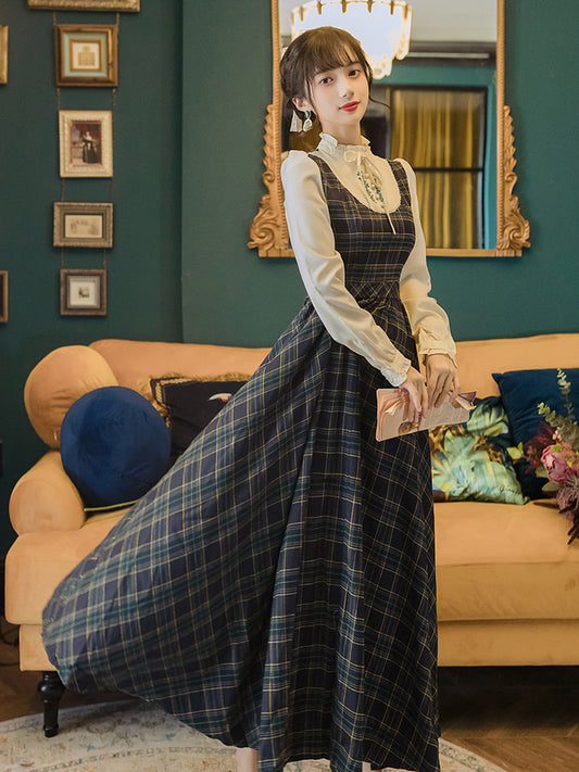 2021 autumn and winter new retro college style French embroidered dress slim-fit English plaid long skirt big swing skirt female