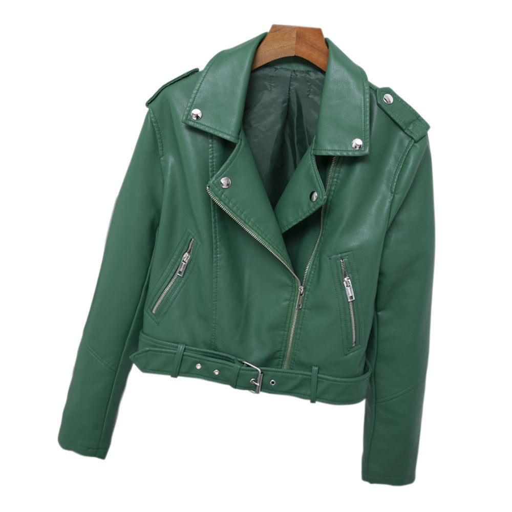 2023 autumn new epaulet lapel short belt women's PU leather jacket simple leather jacket Haining motorcycle jacket