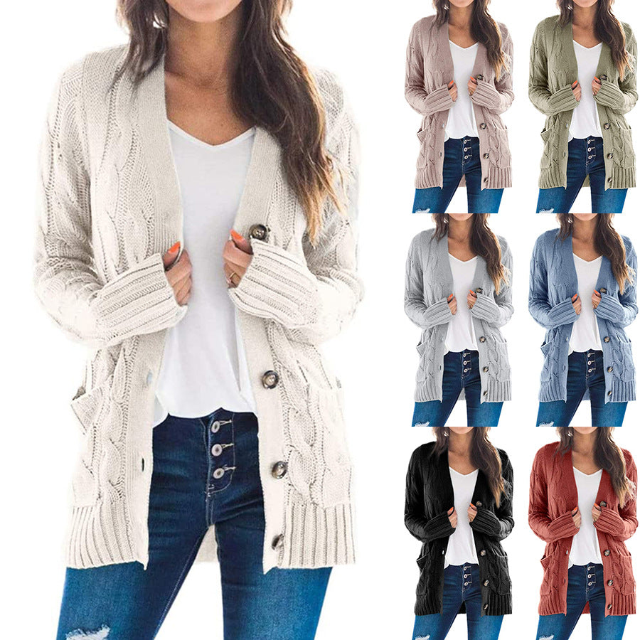 2020 autumn and winter new Amazon women's European and American casual cardigan jacket solid color twist button cardigan sweater