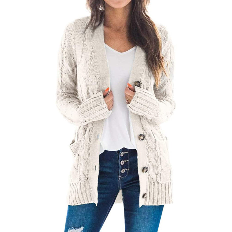 2020 autumn and winter new Amazon women's European and American casual cardigan jacket solid color twist button cardigan sweater