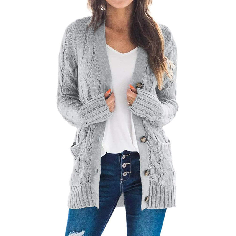 2020 autumn and winter new Amazon women's European and American casual cardigan jacket solid color twist button cardigan sweater