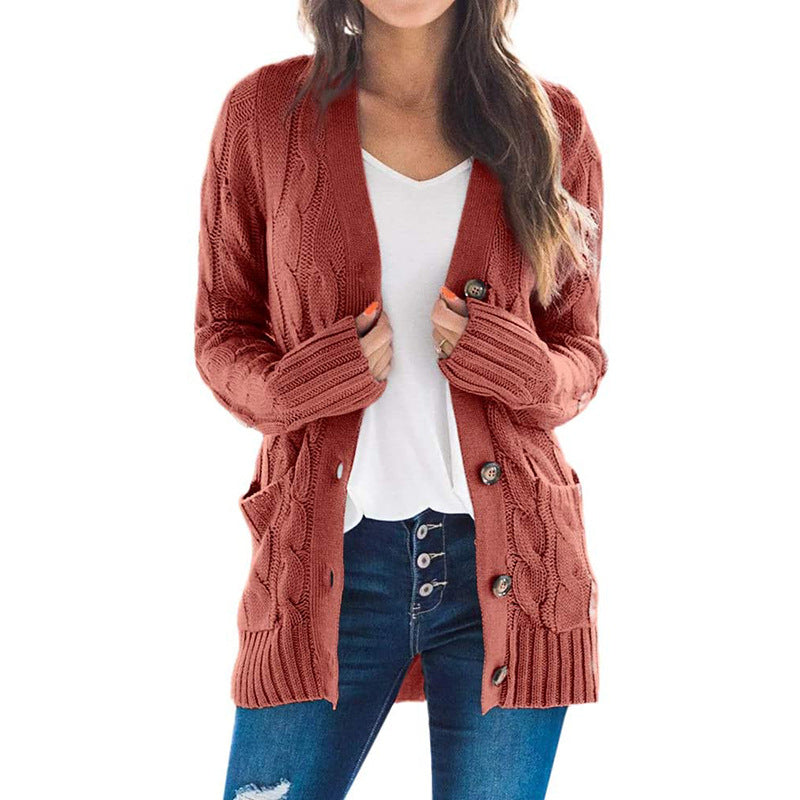 2020 autumn and winter new Amazon women's European and American casual cardigan jacket solid color twist button cardigan sweater