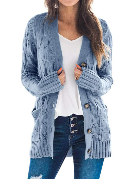 2020 autumn and winter new Amazon women's European and American casual cardigan jacket solid color twist button cardigan sweater