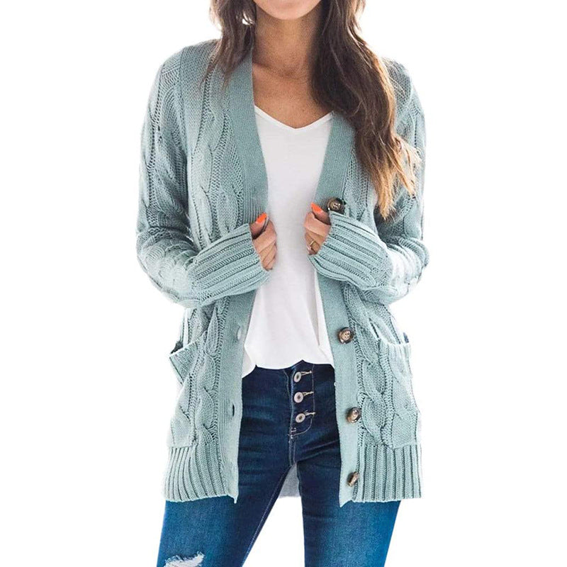 2020 autumn and winter new Amazon women's European and American casual cardigan jacket solid color twist button cardigan sweater