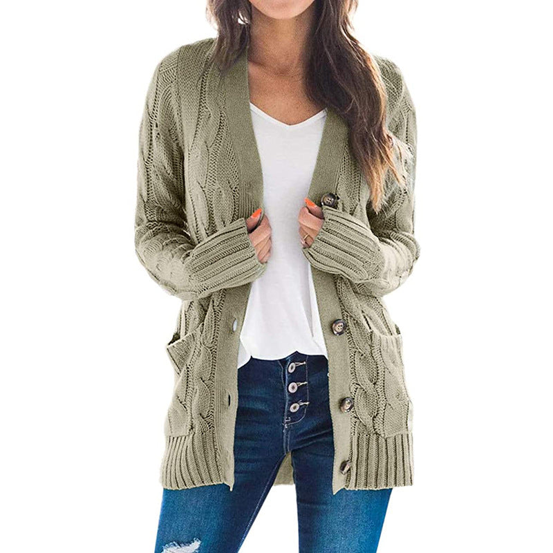 2020 autumn and winter new Amazon women's European and American casual cardigan jacket solid color twist button cardigan sweater