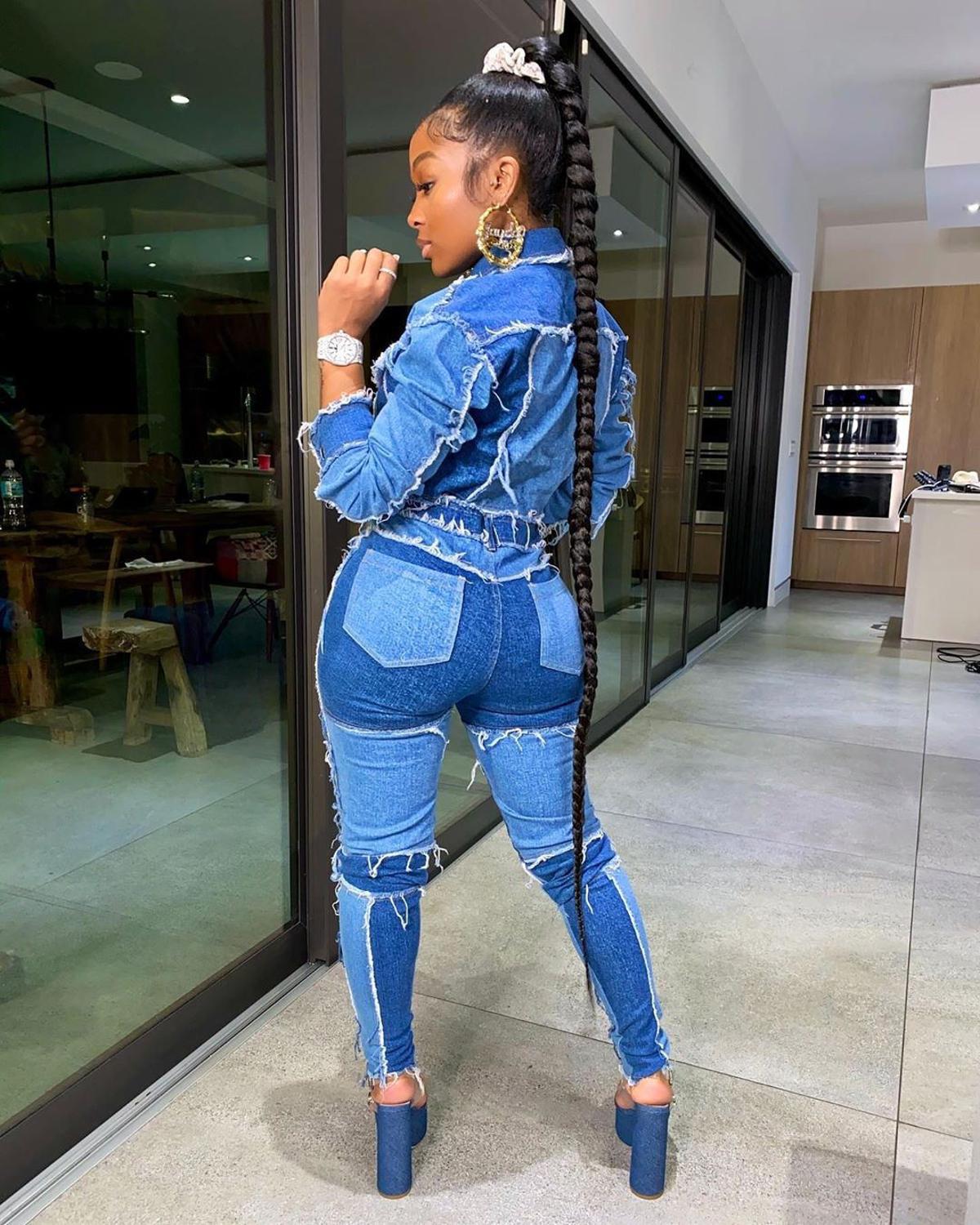 2020 European and American cross-border new Amazon trendy fashion stitching high waist tight-fitting flared women's denim trousers