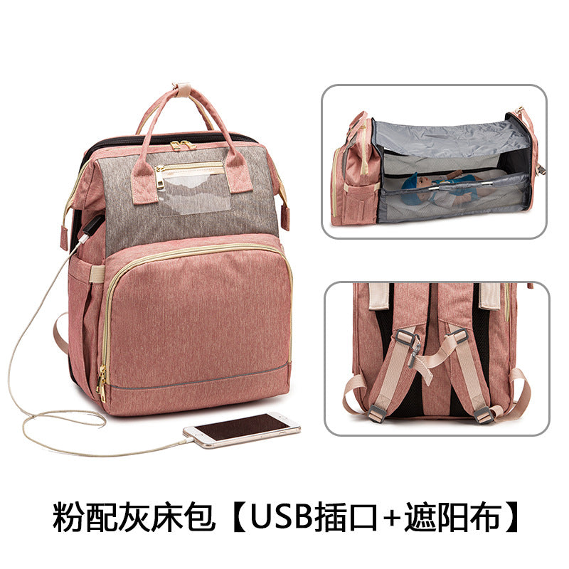 [Source Factory] 2021 Mommy Packed Bed Shading USB Folding Baby Going Out Storage Upgraded Backpack Mother and Baby Bag