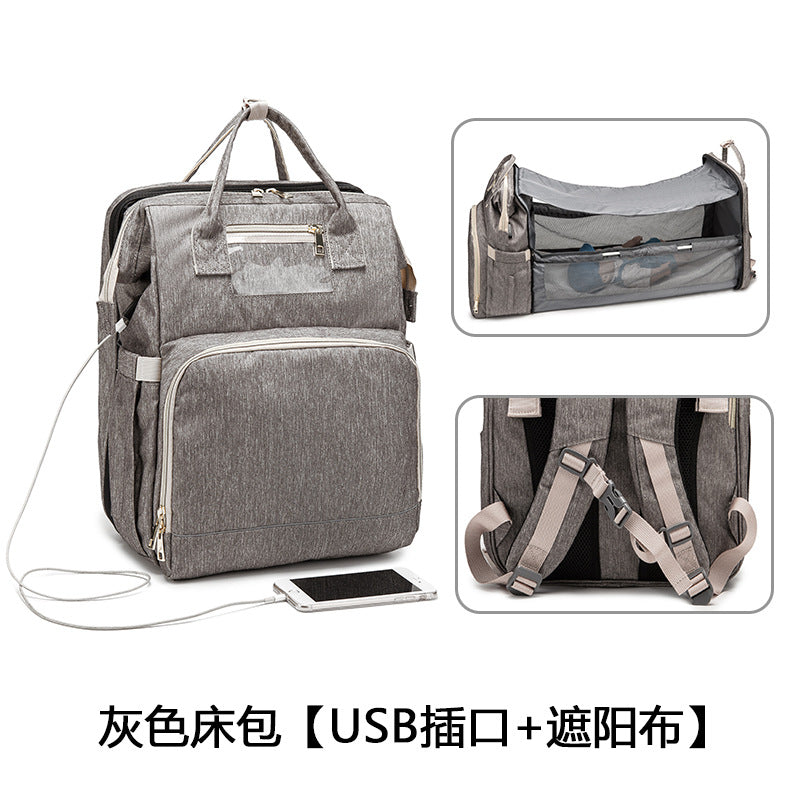 [Source Factory] 2021 Mommy Packed Bed Shading USB Folding Baby Going Out Storage Upgraded Backpack Mother and Baby Bag