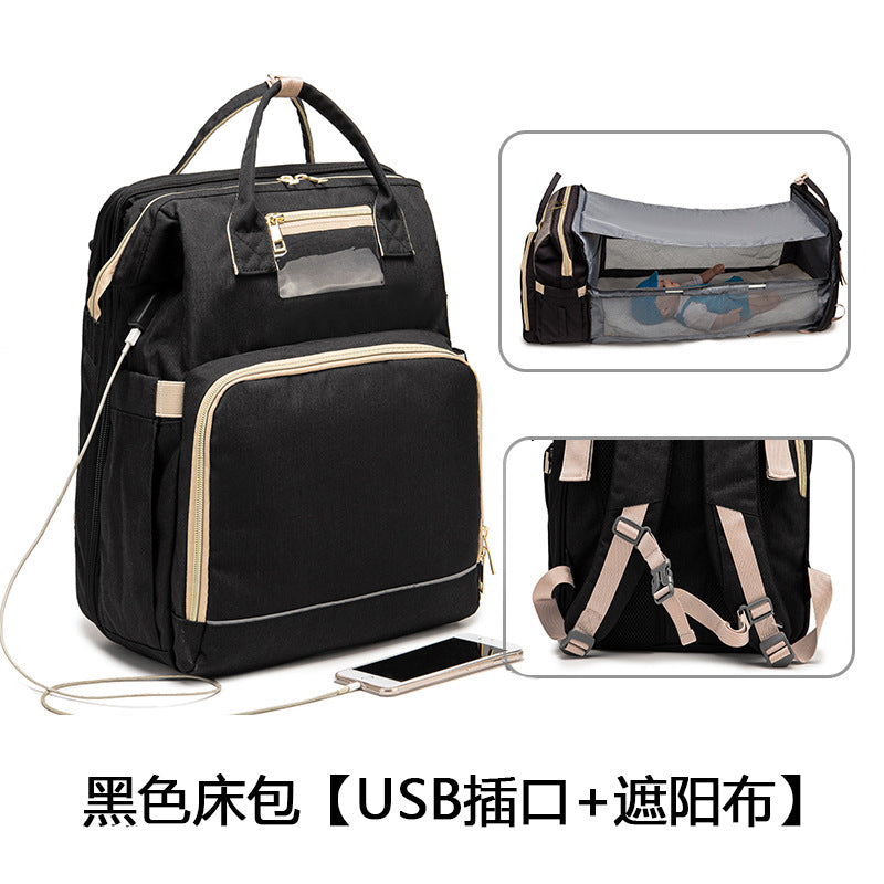 [Source Factory] 2021 Mommy Packed Bed Shading USB Folding Baby Going Out Storage Upgraded Backpack Mother and Baby Bag