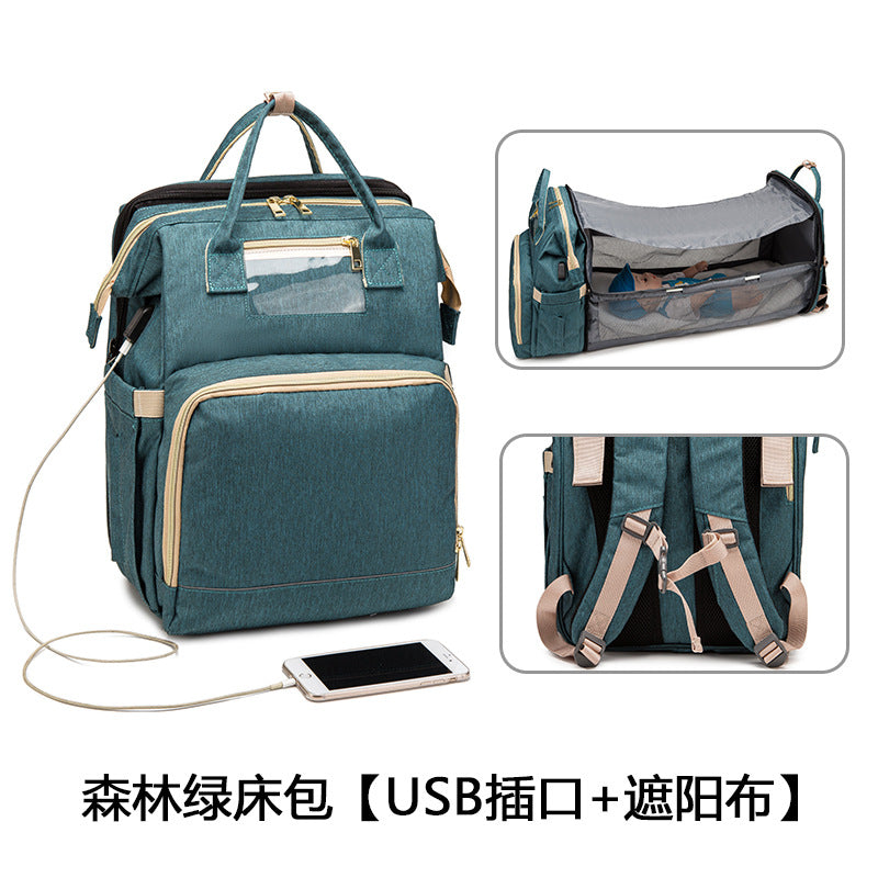 [Source Factory] 2021 Mommy Packed Bed Shading USB Folding Baby Going Out Storage Upgraded Backpack Mother and Baby Bag