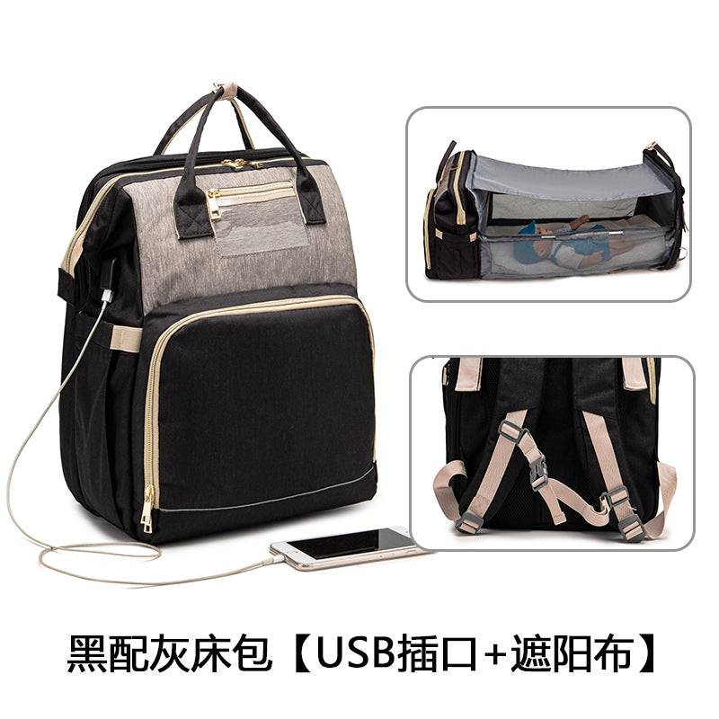 [Source Factory] 2021 Mommy Packed Bed Shading USB Folding Baby Going Out Storage Upgraded Backpack Mother and Baby Bag