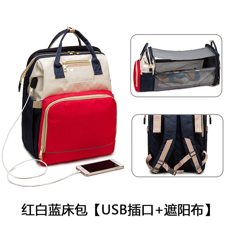 [Source Factory] 2021 Mommy Packed Bed Shading USB Folding Baby Going Out Storage Upgraded Backpack Mother and Baby Bag