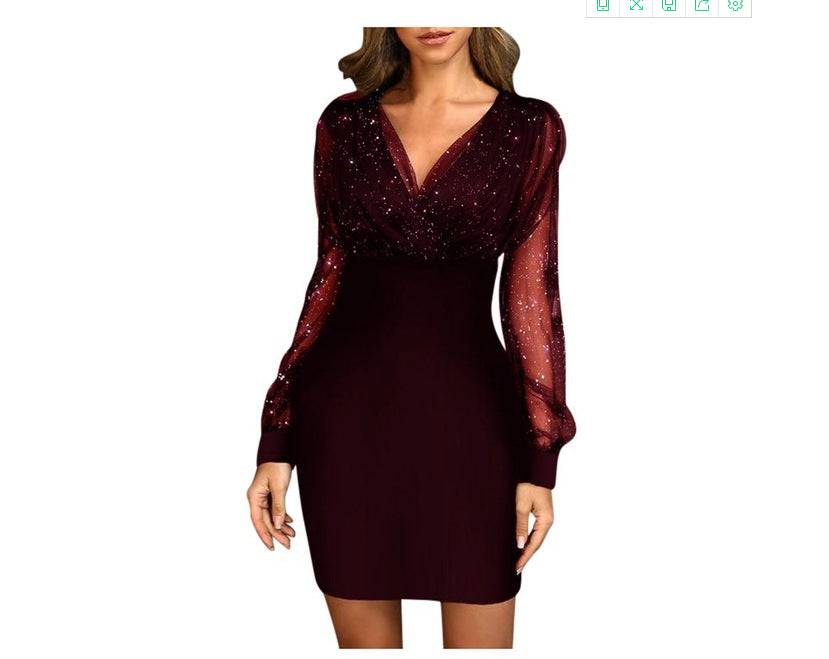 2022 European and American mesh V-neck sequined dress slim sexy dress ready for sale 0.22g