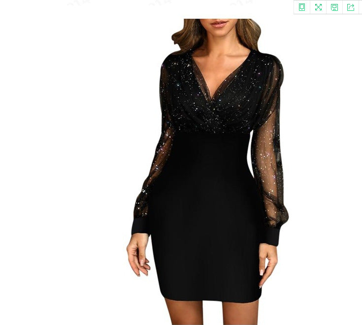 2022 European and American mesh V-neck sequined dress slim sexy dress ready for sale 0.22g