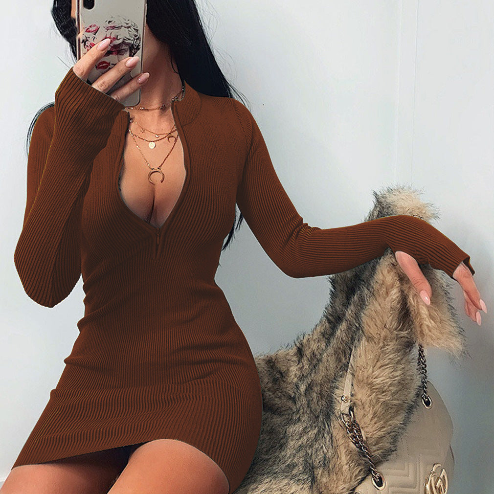 2021 autumn and winter trend women's cross-border popular long-sleeved dress all-match neckline zipper sexy slim hip skirt