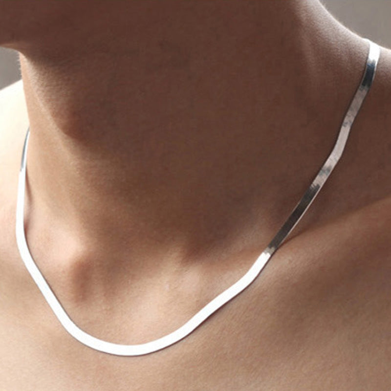 Wholesale temperament silver necklace men women short clavicle blade chain silver jewelry flat snake bone chain