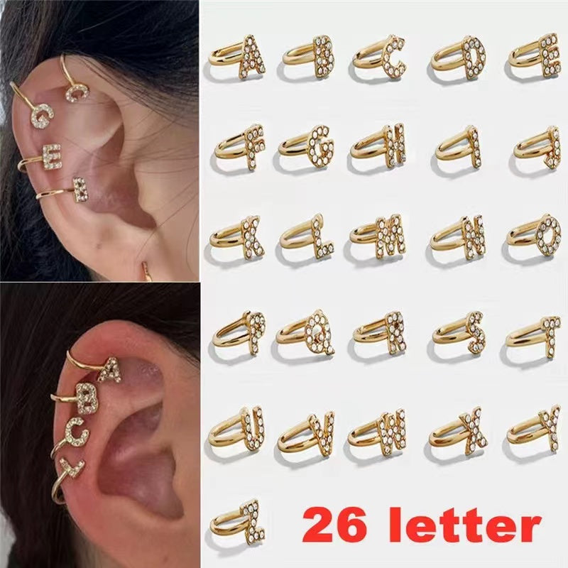 2020 cross-border new 26 English alphabet ear clips, diamond personalized fashion earrings earrings factory direct sales