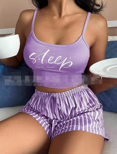 2023 New Arrival Suspender Pajamas Women Drawstring Shorts Set Letter Stripe Printing Ladies Home Clothes Can Be Worn Outside