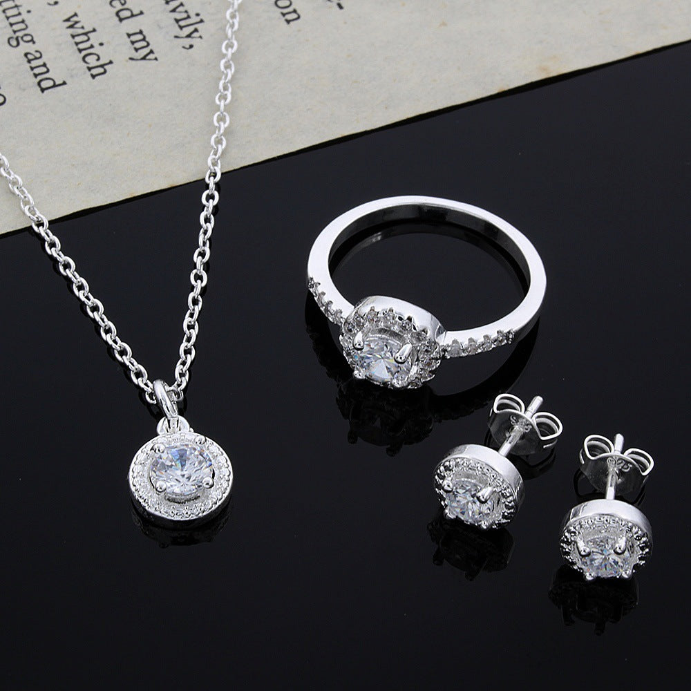 AliExpress Explosive Zircon Crystal Silver Jewelry Necklace Ring Earrings Set Three-Piece Set Foreign Trade Jewelry