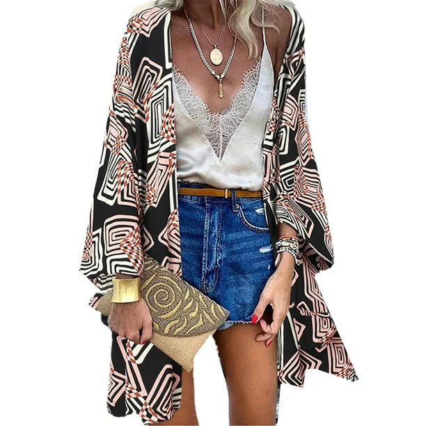 Women's 2022 Europe and America Cross Border Trendy New Casual Fashion Vacation Batwing Long Sleeve Cardigan Printed Top