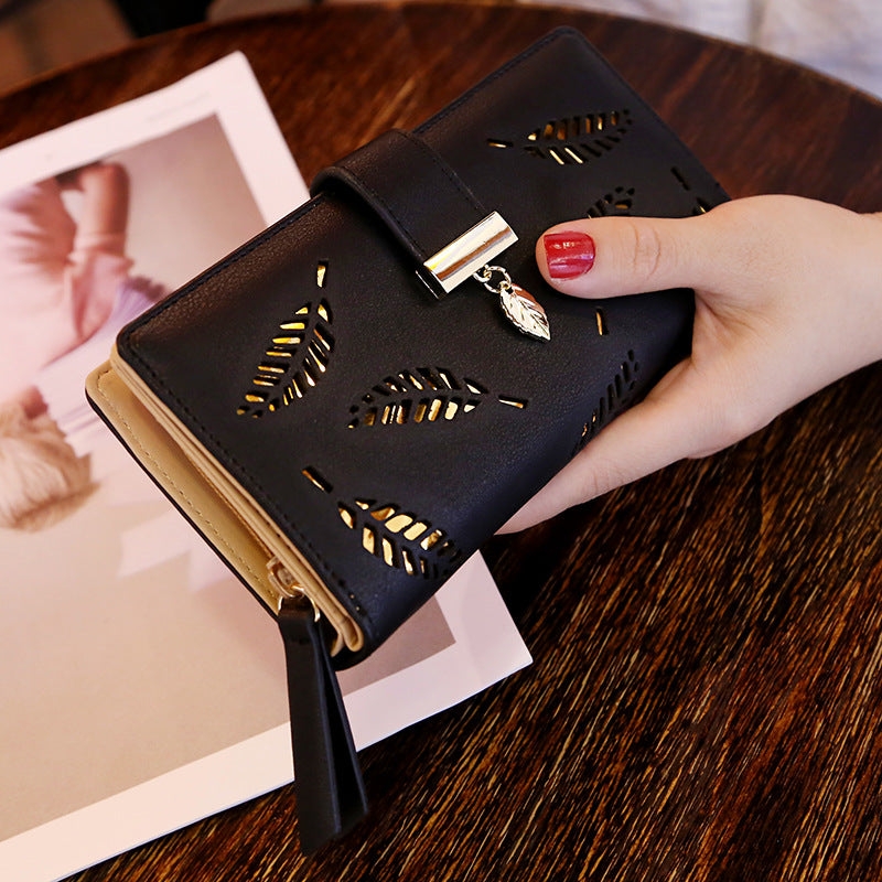 2023 New Korean Style Women's Wallet Long Fashion Clutch Hollow Leaf Zipper Buckle Wallet Women's Bag