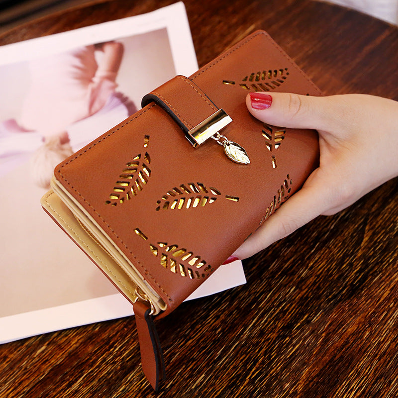 2023 New Korean Style Women's Wallet Long Fashion Clutch Hollow Leaf Zipper Buckle Wallet Women's Bag