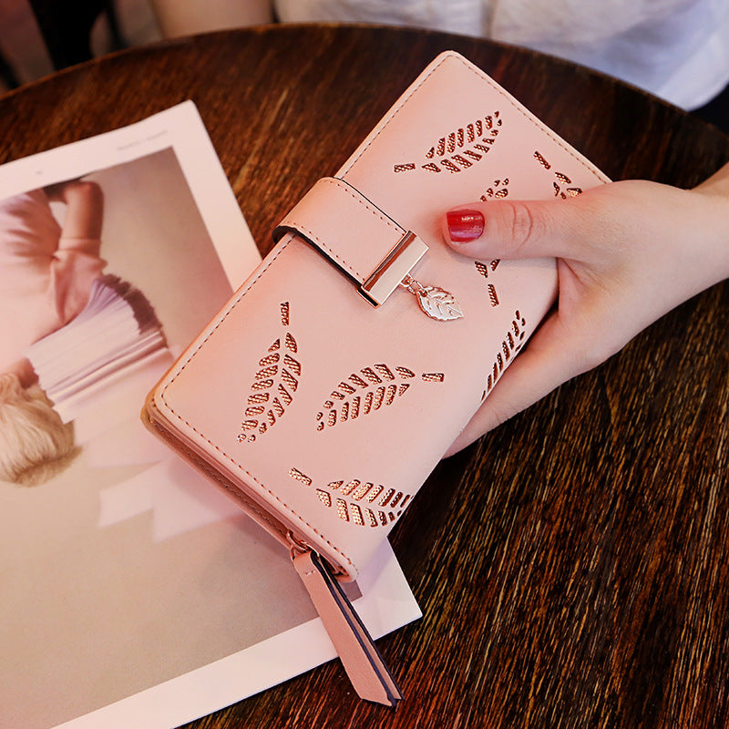 2023 New Korean Style Women's Wallet Long Fashion Clutch Hollow Leaf Zipper Buckle Wallet Women's Bag