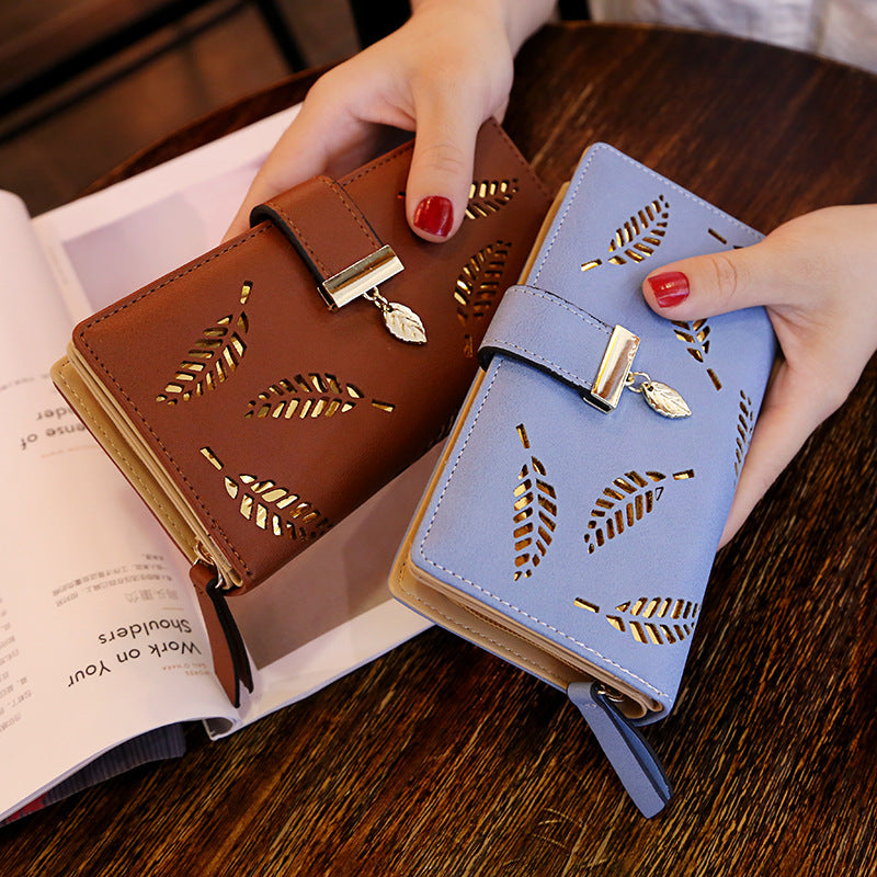 2023 New Korean Style Women's Wallet Long Fashion Clutch Hollow Leaf Zipper Buckle Wallet Women's Bag