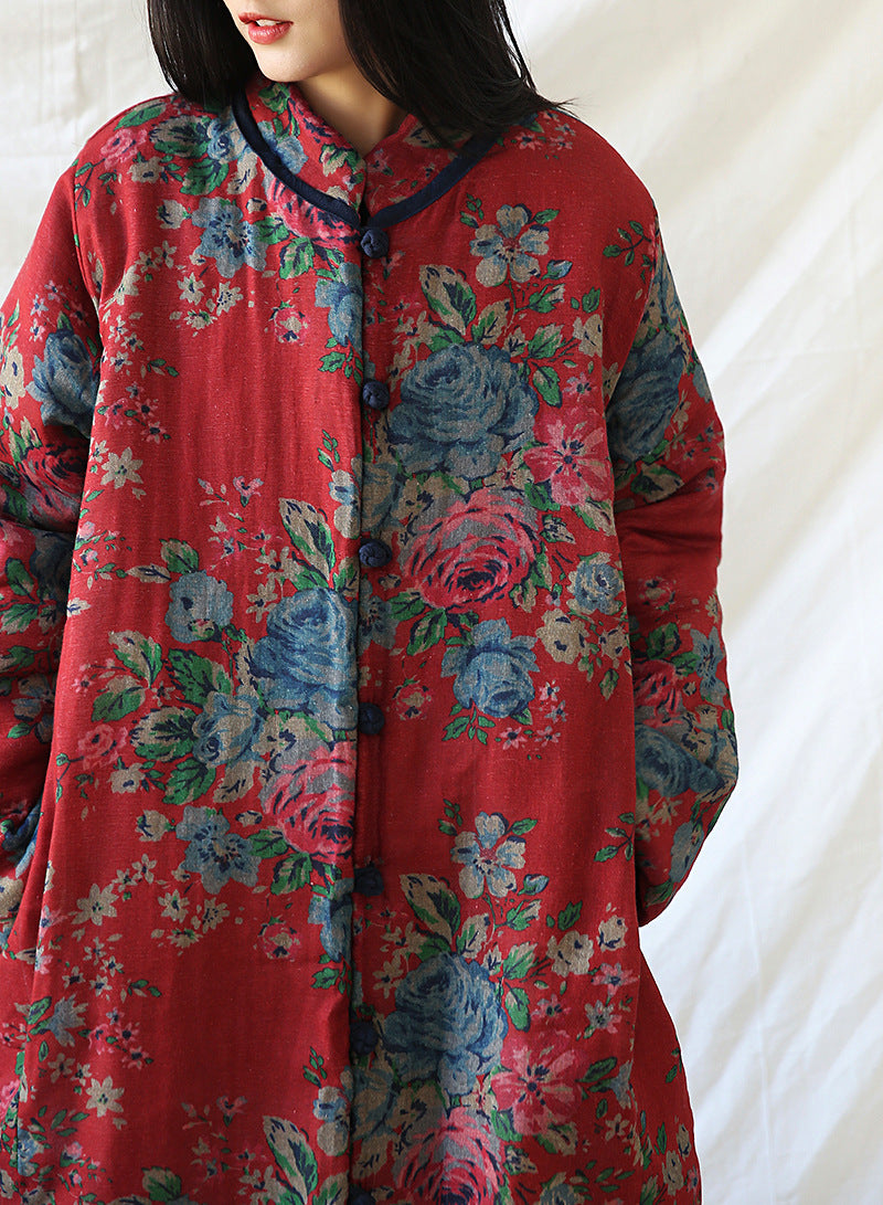 Winter Cotton And Linen Women Retro Art Floral Print Cotton Clothing Cotton Coat