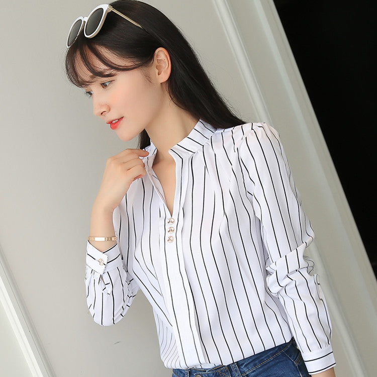 2022 spring and autumn new temperament casual striped long-sleeved shirt loose white stand-up collar top women's pullover