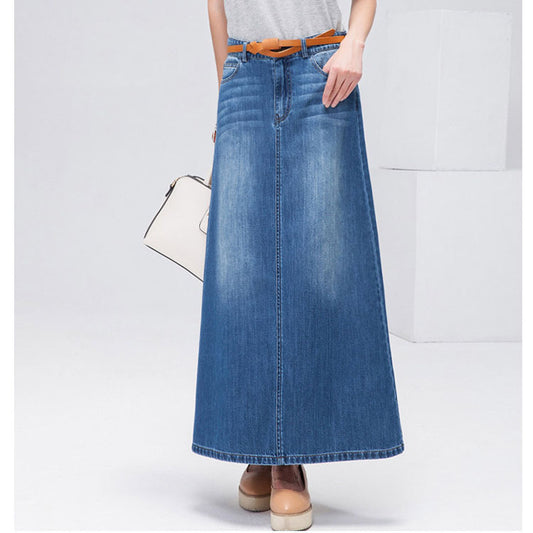 (NO BELT!!!) 2024 Spring and Autumn New Korean High Waist Skirt Women's Fat M Large Size Slim Cross-border Medium and Long A-line Denim Skirt(NO BELT!!!)