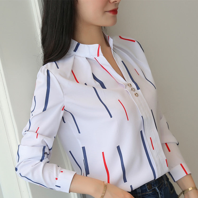 2022 spring and autumn new temperament casual striped long-sleeved shirt loose white stand-up collar top women's pullover