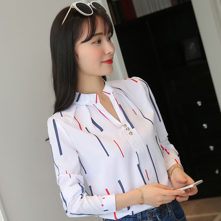 2022 spring and autumn new temperament casual striped long-sleeved shirt loose white stand-up collar top women's pullover