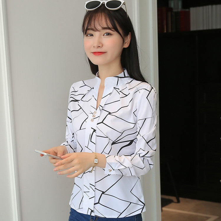 2022 spring and autumn new temperament casual striped long-sleeved shirt loose white stand-up collar top women's pullover