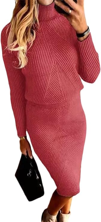 2023 Amazon wish new autumn and winter women's clothing European and American turtleneck knitted solid color pullover sweater suit skirt