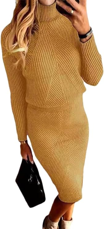 2023 Amazon wish new autumn and winter women's clothing European and American turtleneck knitted solid color pullover sweater suit skirt