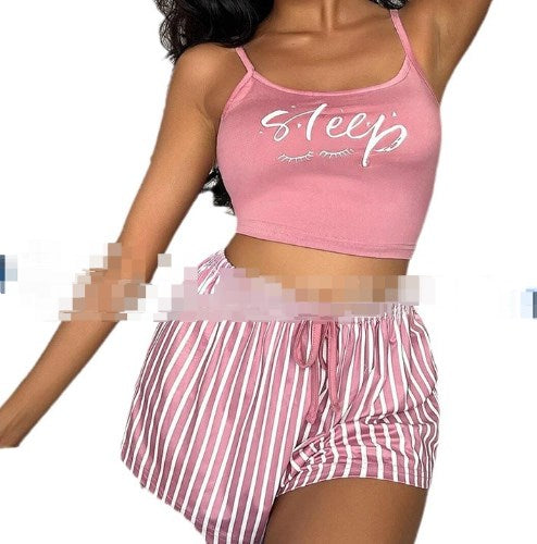 2023 New Arrival Suspender Pajamas Women Drawstring Shorts Set Letter Stripe Printing Ladies Home Clothes Can Be Worn Outside