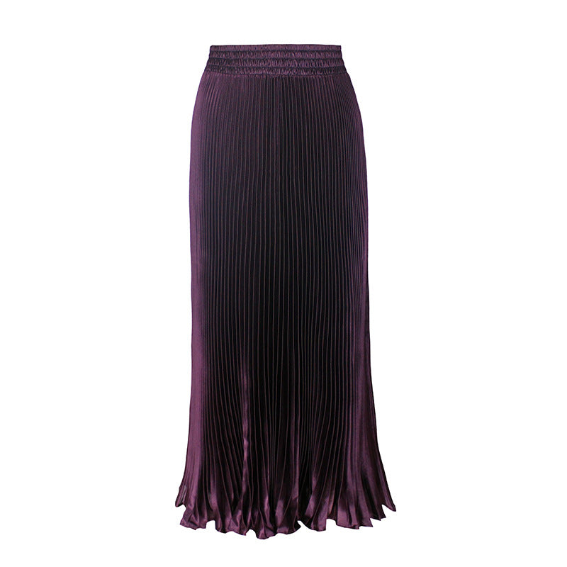 2021 New European and American foreign trade women's satin metallic luster pleated skirt long accordion skirt long skirt skirt