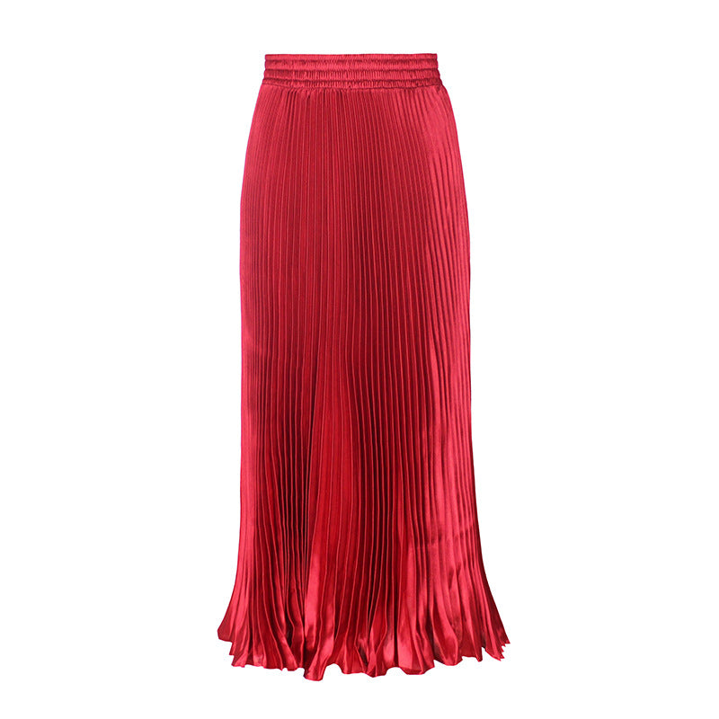 2021 New European and American foreign trade women's satin metallic luster pleated skirt long accordion skirt long skirt skirt